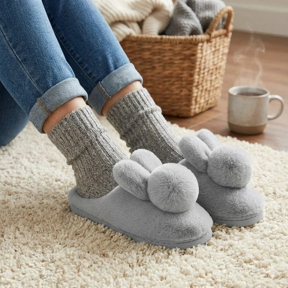 Ultra-Soft Faux Fur Memory Foam Slides - Cute Rabbit Design - Picture 2 of 4